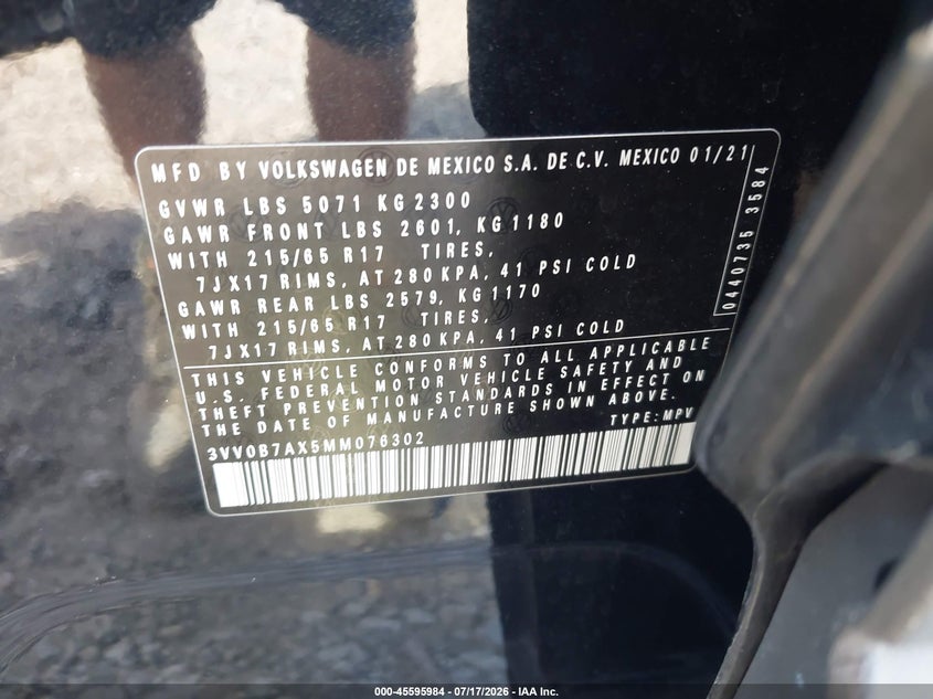 2021 Volkswagen Tiguan 2.0T S VIN: 3VV0B7AX5MM076302 Lot: 45595984