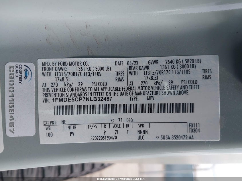 2022 Ford Bronco Wildtrak VIN: 1FMDE5CP7NLB32487 Lot: 45596009