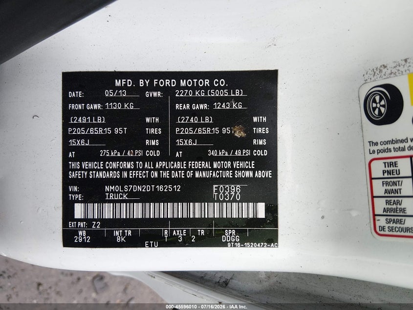 2013 Ford Transit Connect Xlt VIN: NM0LS7DN2DT162512 Lot: 45596010