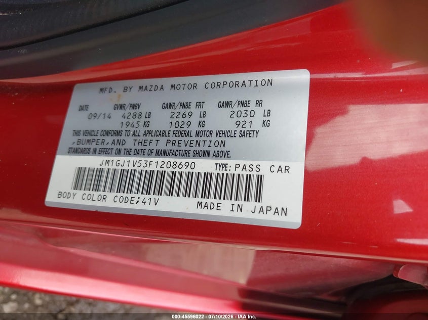 2015 Mazda Mazda6 I Touring VIN: JM1GJ1V53F1208690 Lot: 45596022