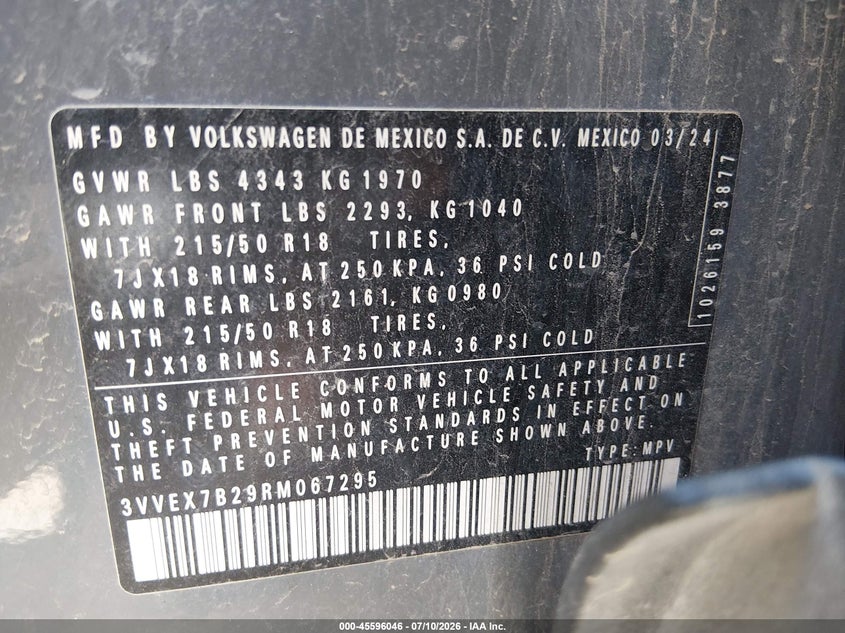 2024 Volkswagen Taos 1.5T Se VIN: 3VVEX7B29RM067295 Lot: 45596046