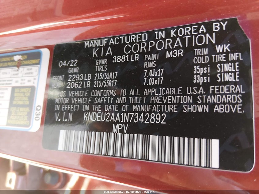 2022 Kia Seltos S VIN: KNDEU2AA1N7342892 Lot: 45596052