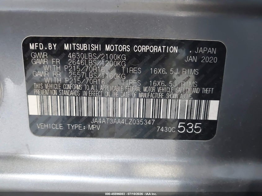 2020 Mitsubishi Eclipse Cross Es 1.5T Awc VIN: JA4AT3AA4LZ035347 Lot: 45596083