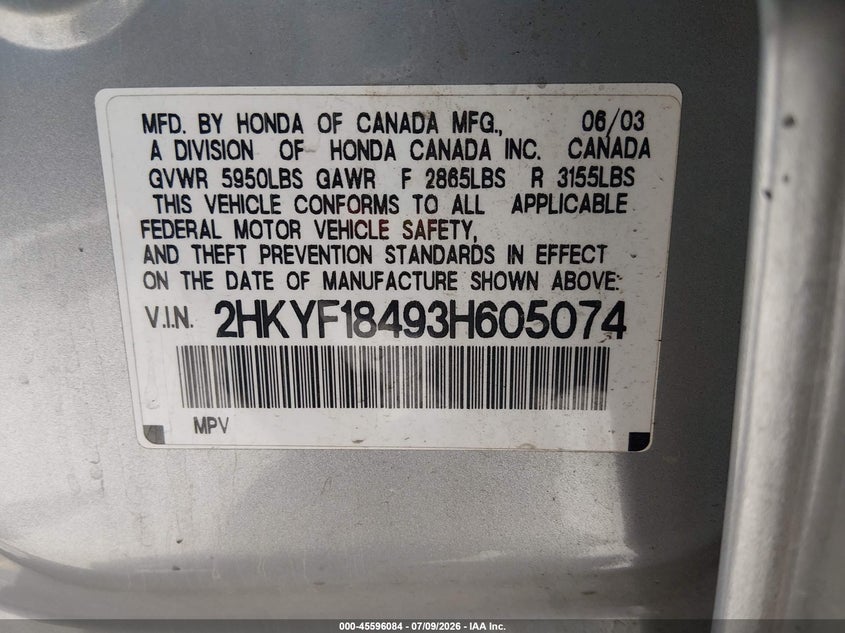 2003 Honda Pilot Ex VIN: 2HKYF18493H605074 Lot: 45596084