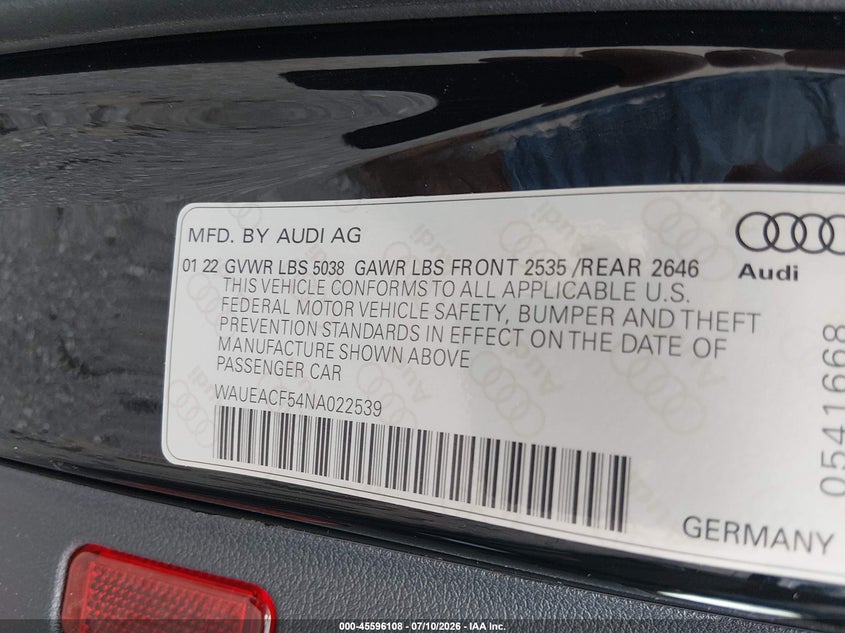 2022 Audi A5 Sportback Prestige 45 Tfsi S Line Quattro S Tronic VIN: WAUEACF54NA022539 Lot: 45596108
