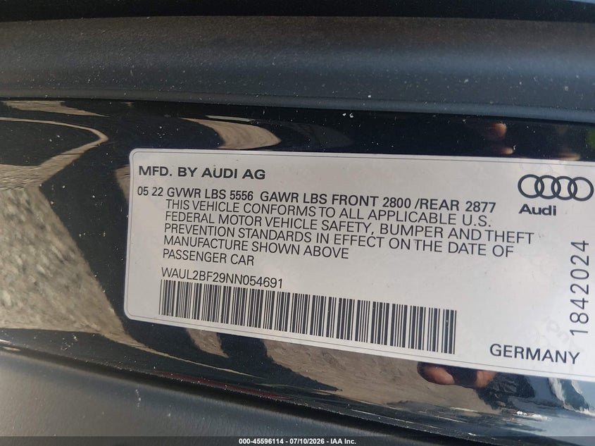 2022 Audi A6 Premium Plus 55 Tfsi Quattro S Tronic VIN: WAUL2BF29NN054691 Lot: 45596114