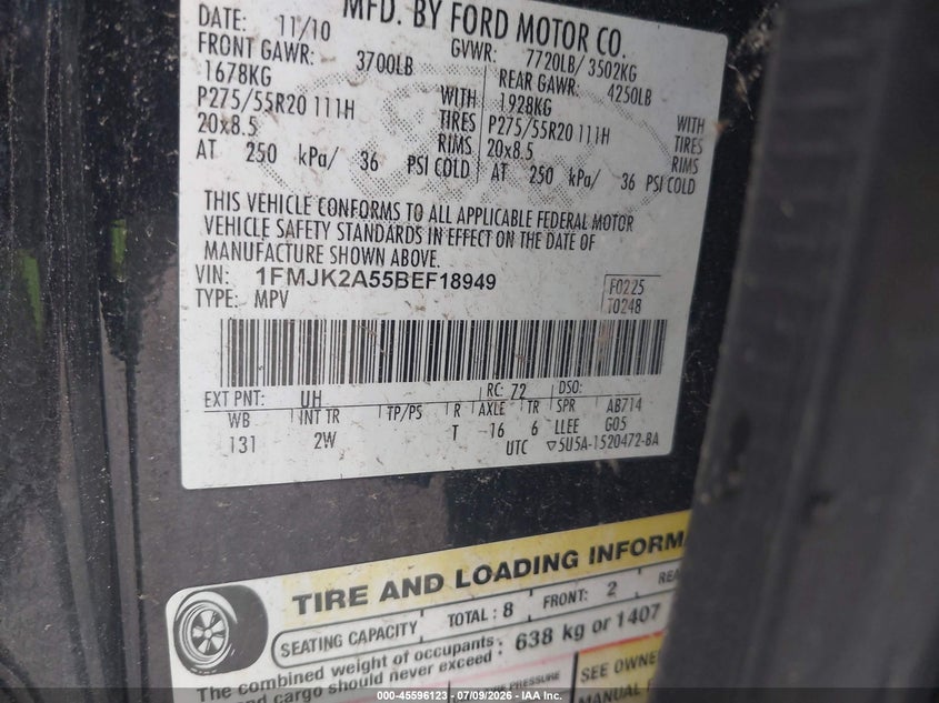 2011 Ford Expedition El Limited VIN: 1FMJK2A55BEF18949 Lot: 45596123