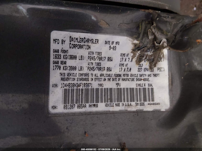 2004 Dodge Durango St VIN: 1D4HB38N34F103871 Lot: 45596152