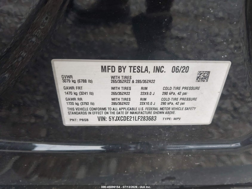 2020 Tesla Model X Long Range Dual Motor All-Wheel Drive/Long Range Plus Dual Motor All-Wheel Drive VIN: 5YJXCDE21LF283683 Lot: 45596154