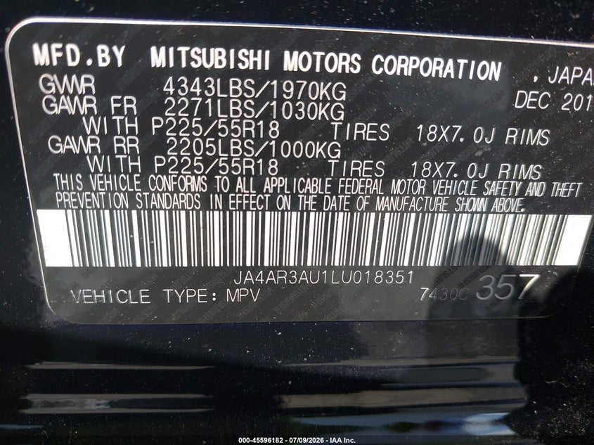 2020 Mitsubishi Outlander Sport 2.0 Be Awc/2.0 Es Awc/2.0 Se Awc/2.0 Sp Awc VIN: JA4AR3AU1LU018351 Lot: 45596182