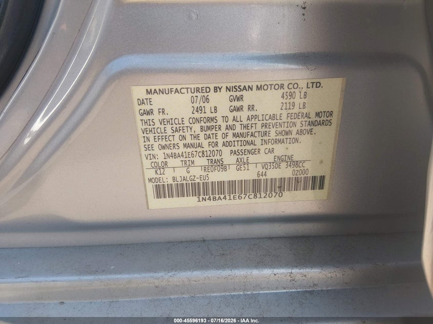 2007 Nissan Maxima 3.5 Sl VIN: 1N4BA41E67C812070 Lot: 45596193