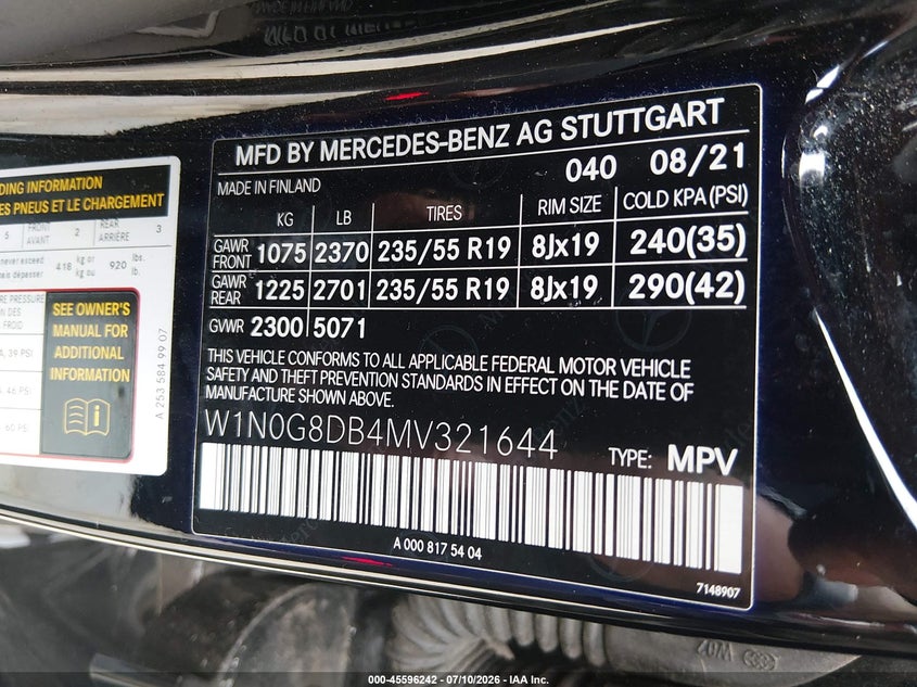 2021 Mercedes-Benz Glc 300 Suv VIN: W1N0G8DB4MV321644 Lot: 45596242
