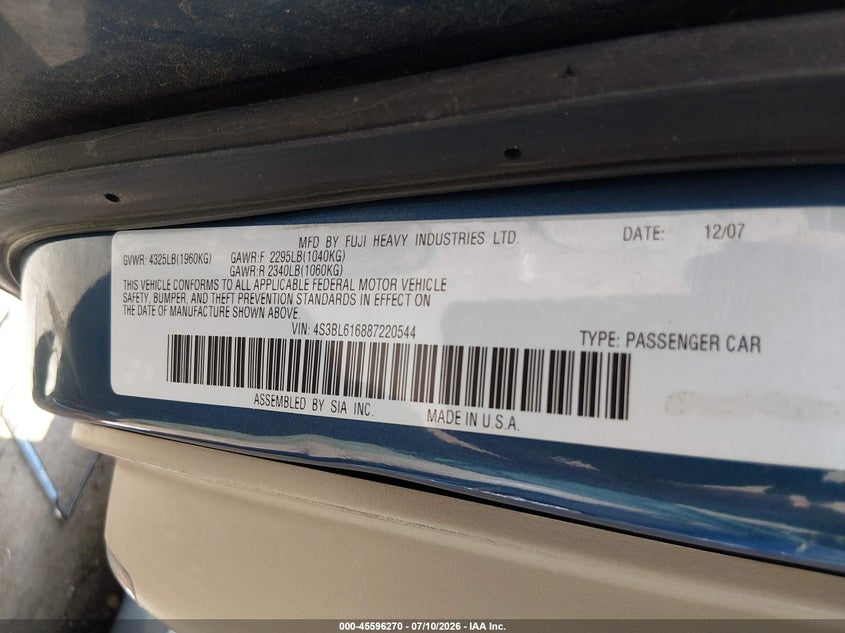 SUBARU LEGACY (NATL) 2008 VIN 4S3BL616887220544