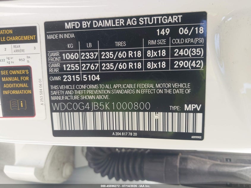 2019 Mercedes-Benz Glc 300 VIN: WDC0G4JB5K1000800 Lot: 45596272