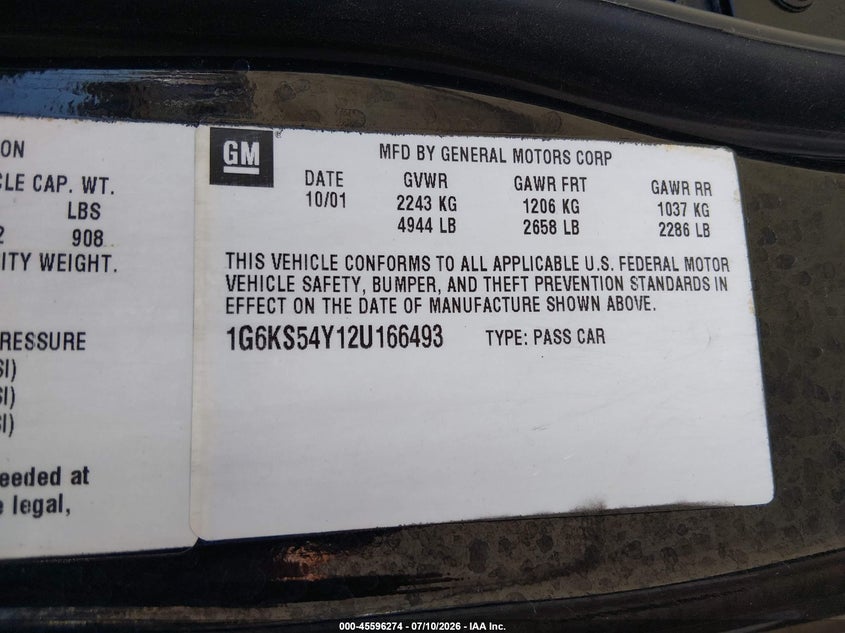 2002 Cadillac Seville Sls VIN: 1G6KS54Y12U166493 Lot: 45596274