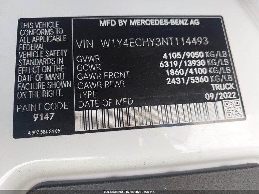 2022 Mercedes-Benz Sprinter 2500 High Roof V6 VIN: W1Y4ECHY3NT114493 Lot: 45596284