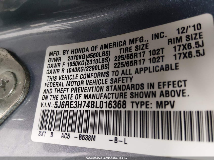 2011 HONDA CR-V SPORT UTILITY VEHICLE 2.4L I-4 DOHC, VVT, 180HP