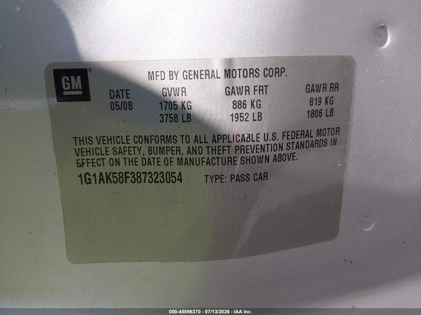 2008 Chevrolet Cobalt Ls VIN: 1G1AK58F387323054 Lot: 45596370