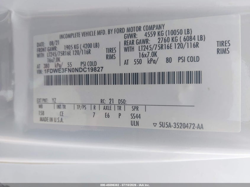 2022 Ford E-350 Cutaway VIN: 1FDWE3FN0NDC19827 Lot: 45596382