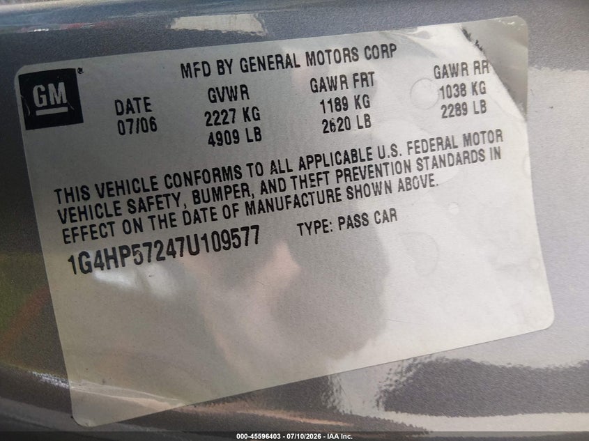 2007 Buick Lucerne Cx VIN: 1G4HP57247U109577 Lot: 45596403