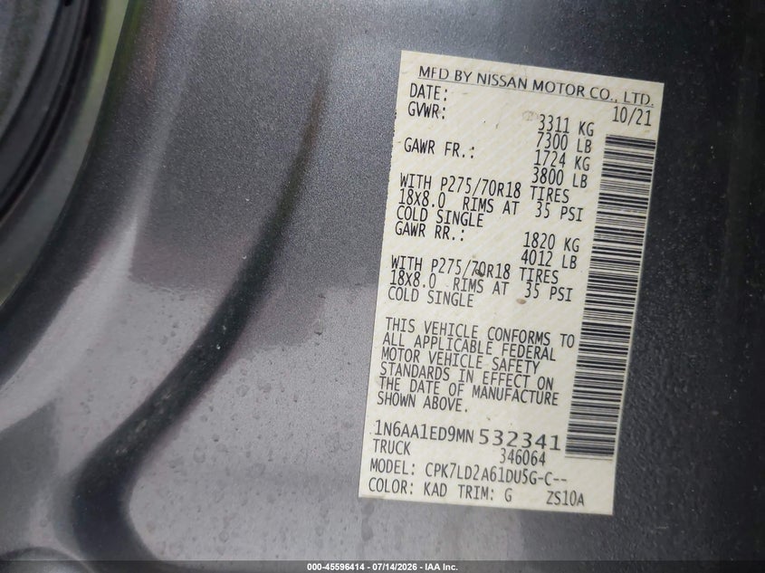 2021 Nissan Titan Pro-4X 4X4 VIN: 1N6AA1ED9MN532341 Lot: 45596414