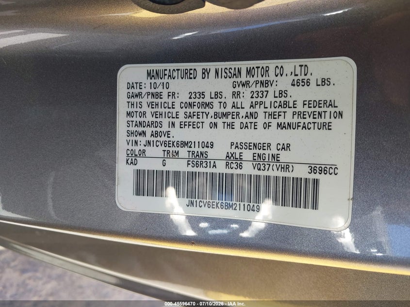 2011 Infiniti G37 Ipl VIN: JN1CV6EK6BM211049 Lot: 45596470