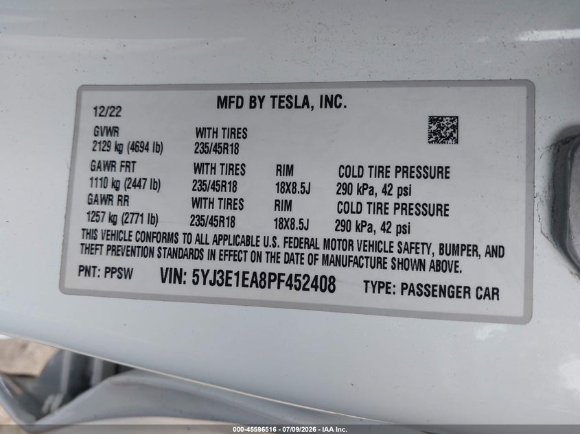 TESLA MODEL 3 2023 VIN 5YJ3E1EA8PF452408