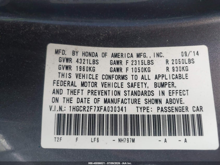 2015 Honda Accord Ex VIN: 1HGCR2F7XFA030341 Lot: 45596521