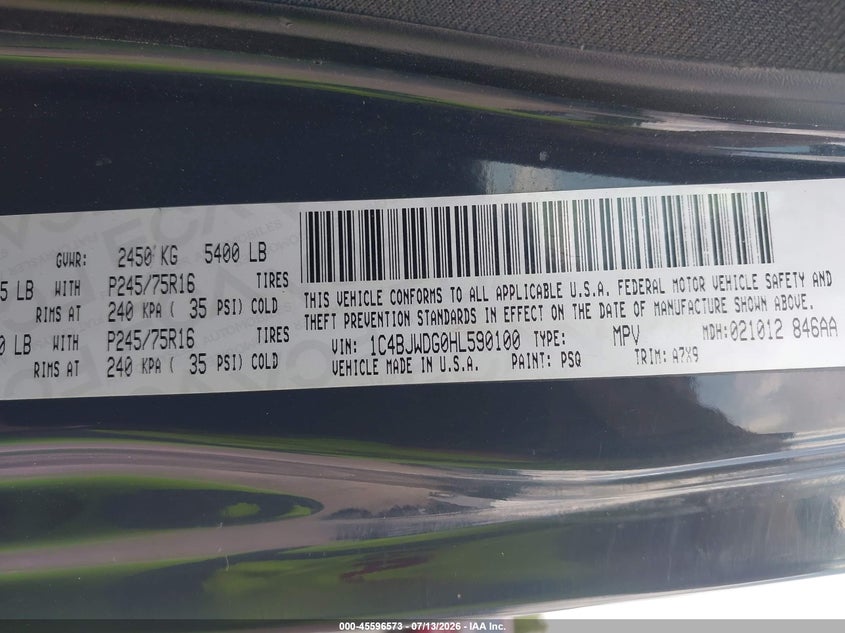JEEP WRANGLER UNLIMITED 2017 VIN 1C4BJWDG0HL590100