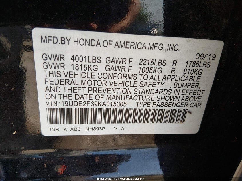 2019 Acura Ilx Standard VIN: 19UDE2F39KA015305 Lot: 45596576