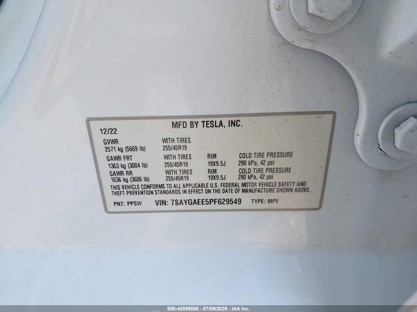 2023 Tesla Model Y Awd/Long Range Dual Motor All-Wheel Drive VIN: 7SAYGAEE5PF629549 Lot: 45596586