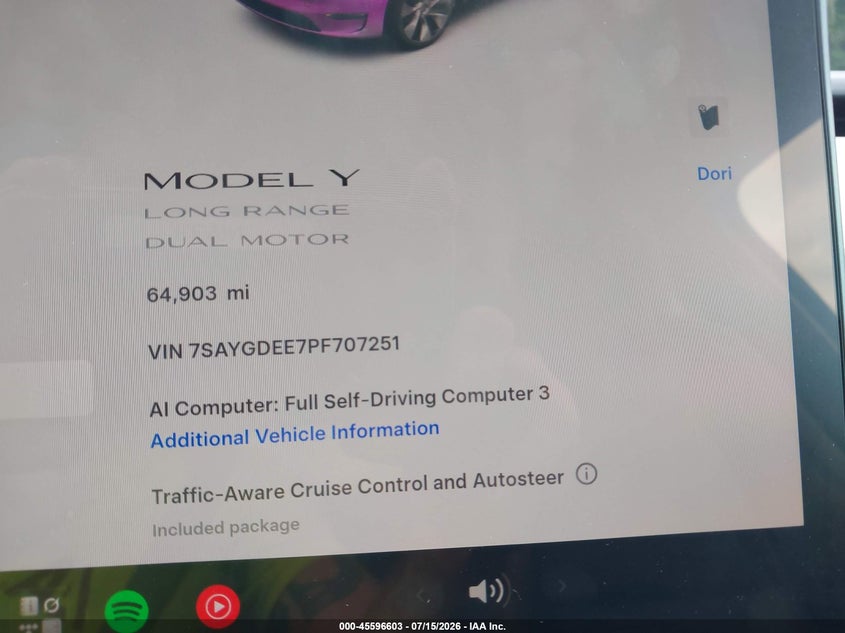 2023 Tesla Model Y Awd/Long Range Dual Motor All-Wheel Drive VIN: 7SAYGDEE7PF707251 Lot: 45596603