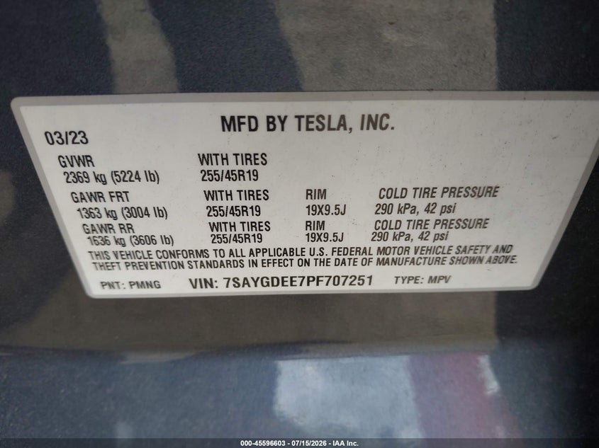 2023 Tesla Model Y Awd/Long Range Dual Motor All-Wheel Drive VIN: 7SAYGDEE7PF707251 Lot: 45596603