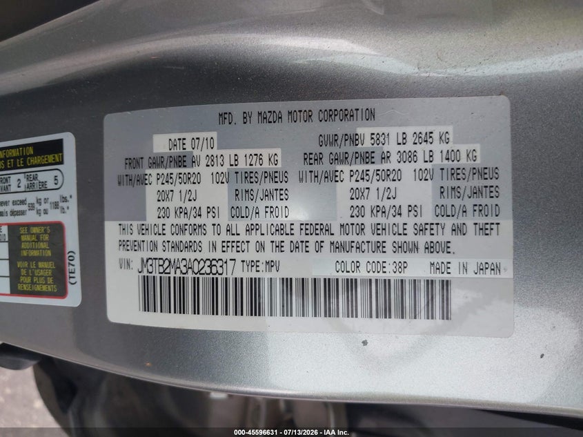 2010 Mazda Cx-9 Grand Touring VIN: JM3TB2MA3A0236317 Lot: 45596631