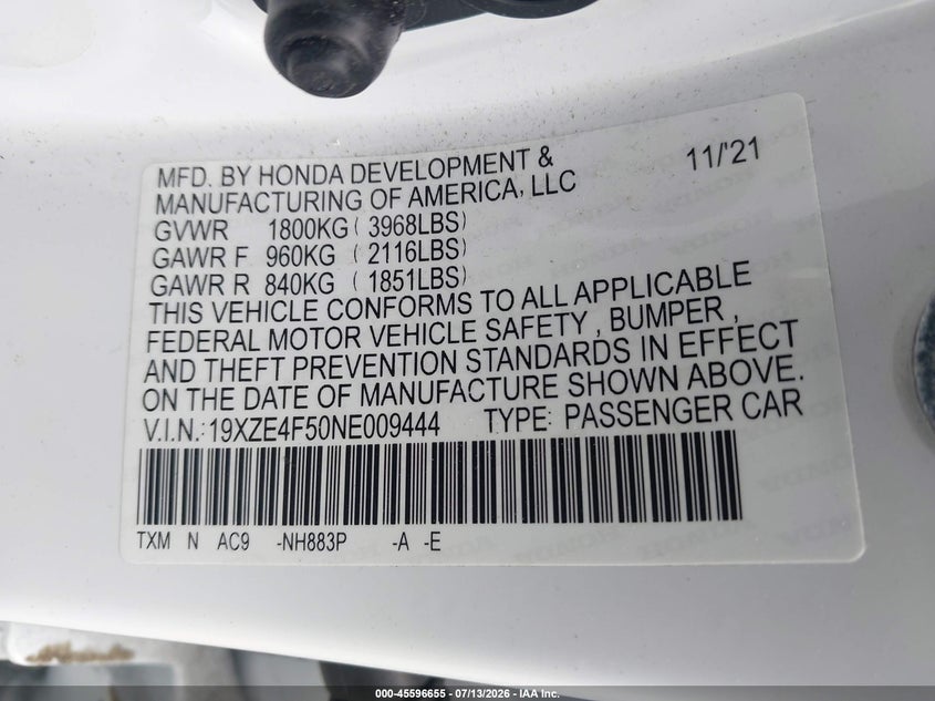 2022 Honda Insight Ex VIN: 19XZE4F50NE009444 Lot: 45596655