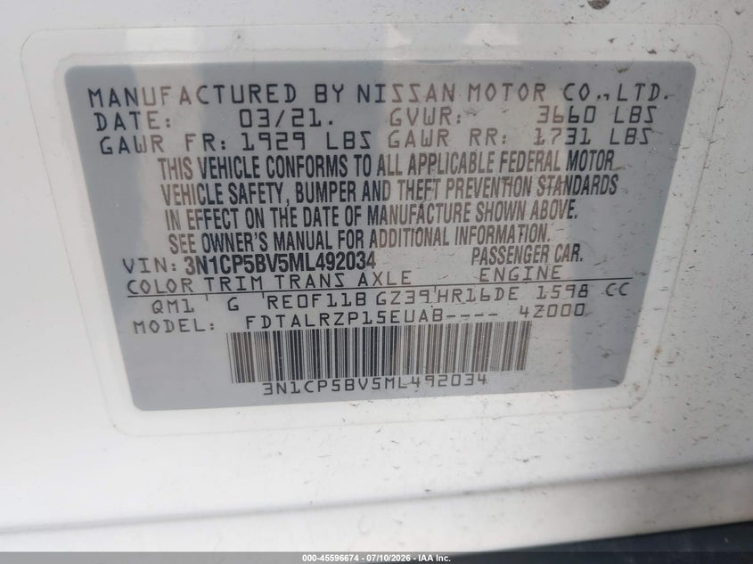 2021 Nissan Kicks S Xtronic Cvt VIN: 3N1CP5BV5ML492034 Lot: 45596674