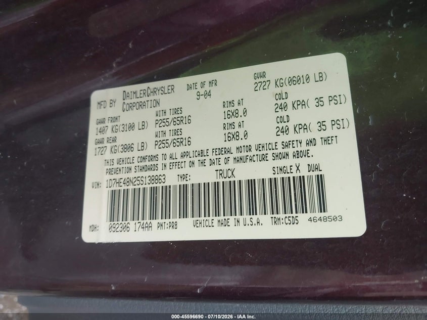 2005 Dodge Dakota Slt VIN: 1D7HE48N25S138863 Lot: 45596690