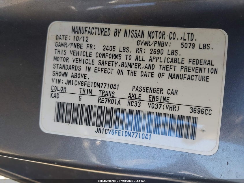 2013 Infiniti G37 VIN: JN1CV6FE1DM771041 Lot: 45596700