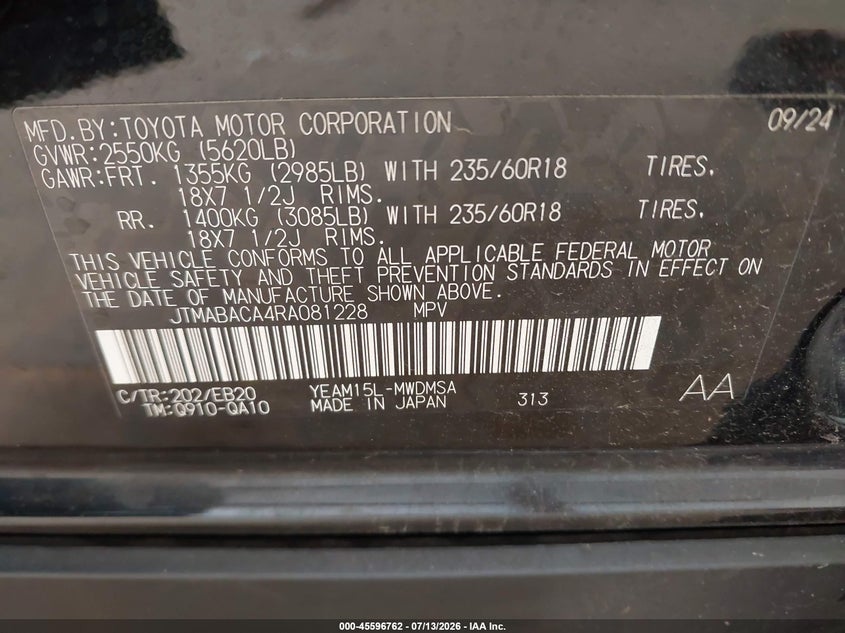 2024 Toyota Bz4X Xle VIN: JTMABACA4RA081228 Lot: 45596762
