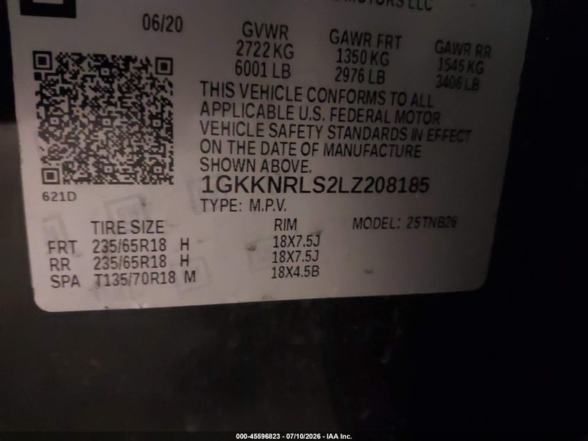 2020 GMC Acadia Fwd Sle VIN: 1GKKNRLS2LZ208185 Lot: 45596823