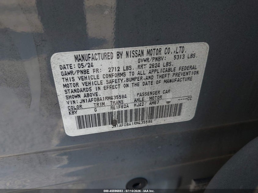 2024 Nissan Ariya Engage VIN: JN1AF0BA1RM435594 Lot: 45596883