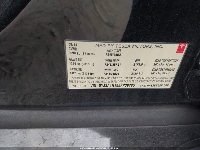 2014 Tesla Model S P85 VIN: 5YJSA1H15EFP39785 Lot: 45596895
