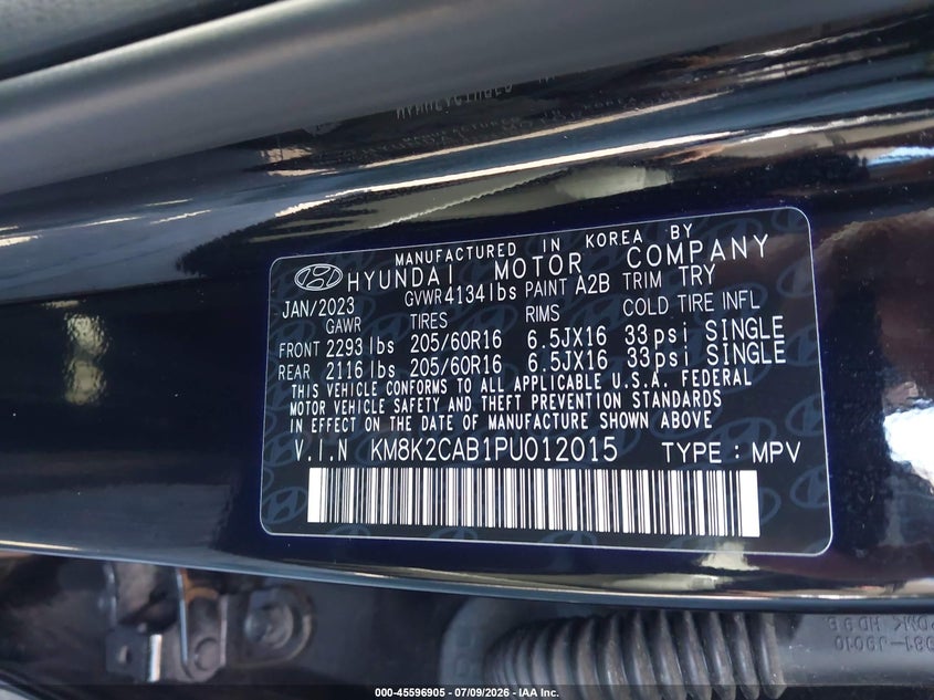 2023 Hyundai Kona Se VIN: KM8K2CAB1PU012015 Lot: 45596905