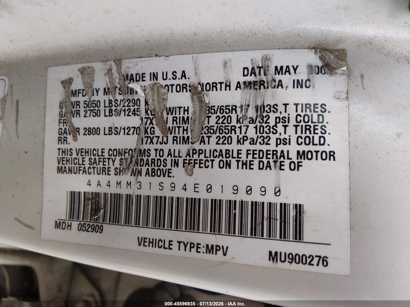 2004 Mitsubishi Endeavor Xls VIN: 4A4MM31S94E019090 Lot: 45596935