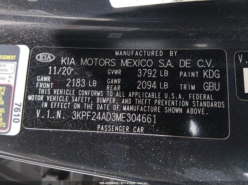 2021 Kia Forte Lxs VIN: 3KPF24AD3ME304661 Lot: 45596940