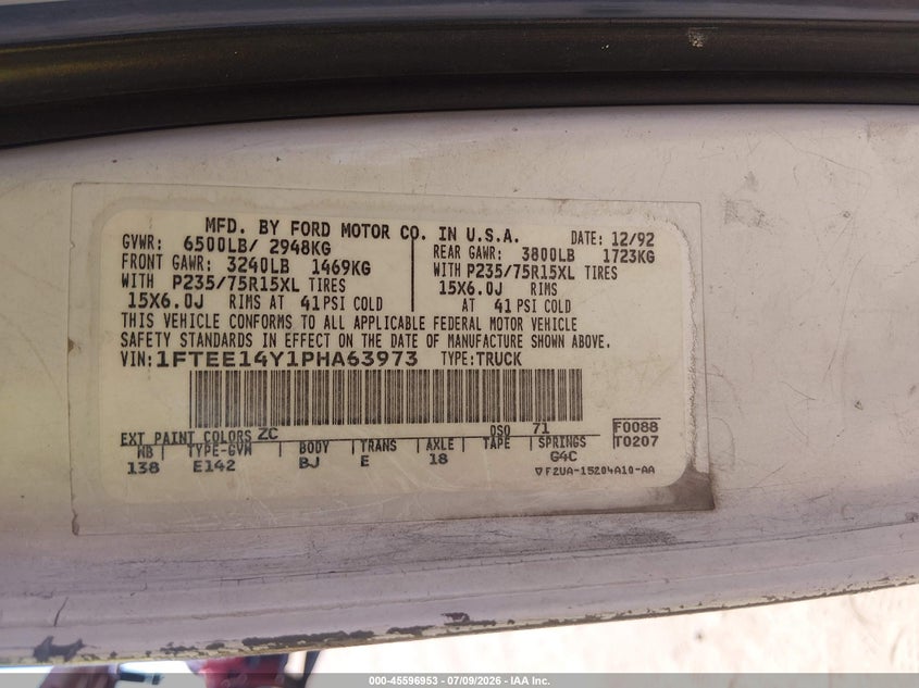1993 Ford Econoline E150 Van VIN: 1FTEE14Y1PHA63973 Lot: 45596953