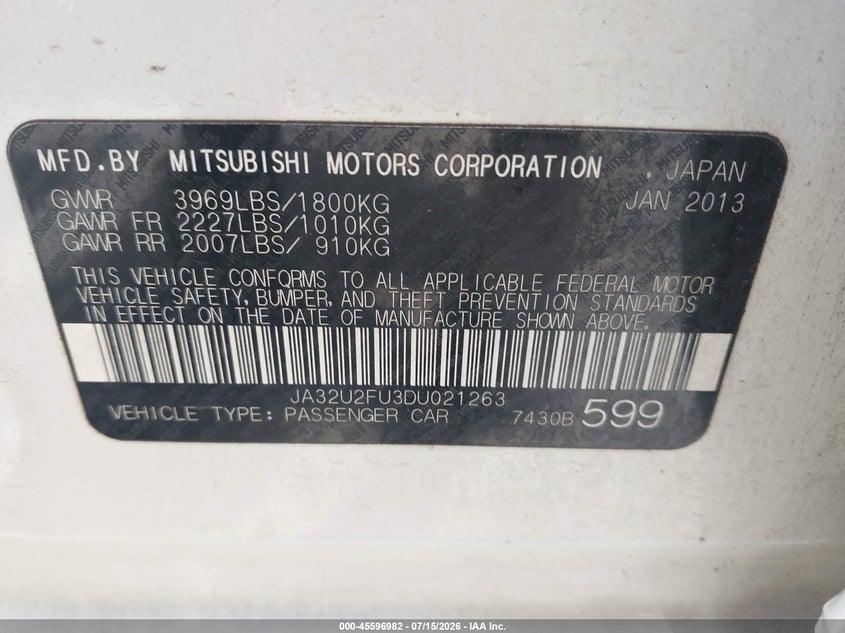 2013 Mitsubishi Lancer Es VIN: JA32U2FU3DU021263 Lot: 45596982