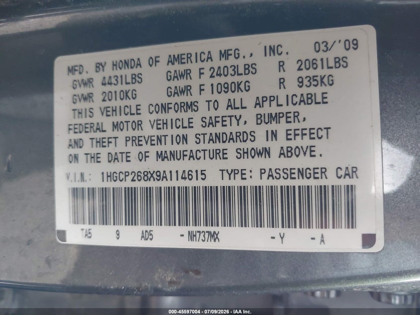 2009 Honda Accord 2.4 Ex-L VIN: 1HGCP268X9A114615 Lot: 45597004