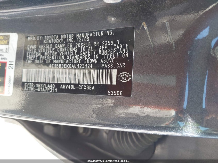 TOYOTA CAMRY HYBRID 2010 VIN 4T1BB3EK0AU123124