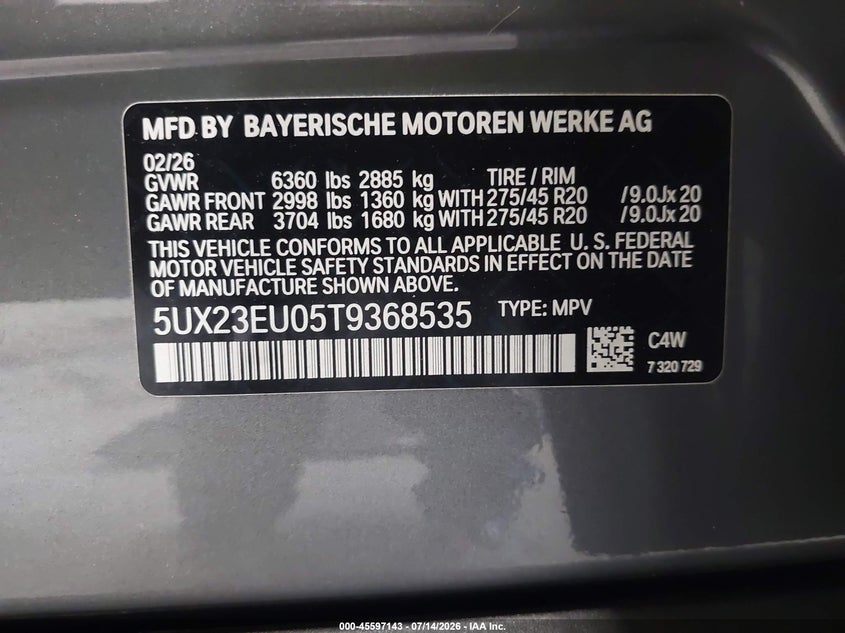 2026 BMW X5 xDrive40I VIN: 5UX23EU05T9368535 Lot: 45597143